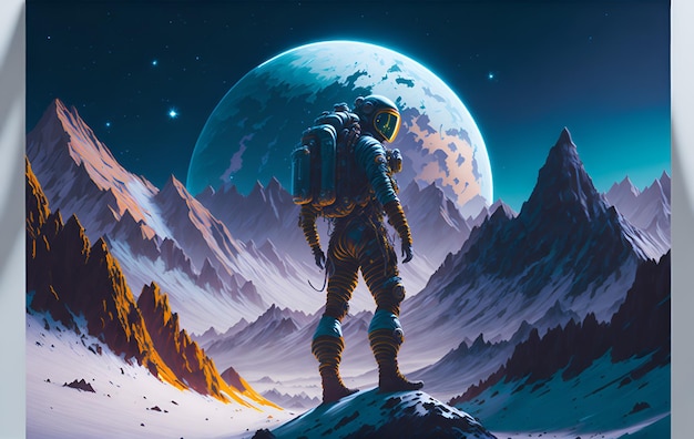 Ein Astronaut steht auf einem Berg vor einem Mond.