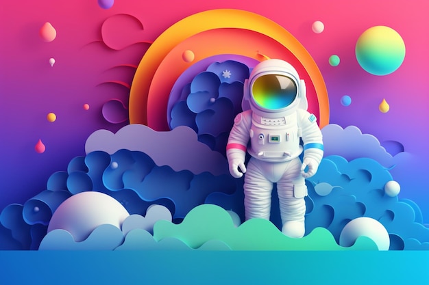 Ein Astronaut steht in einer Wolke mit Regenbögen im Hintergrund.