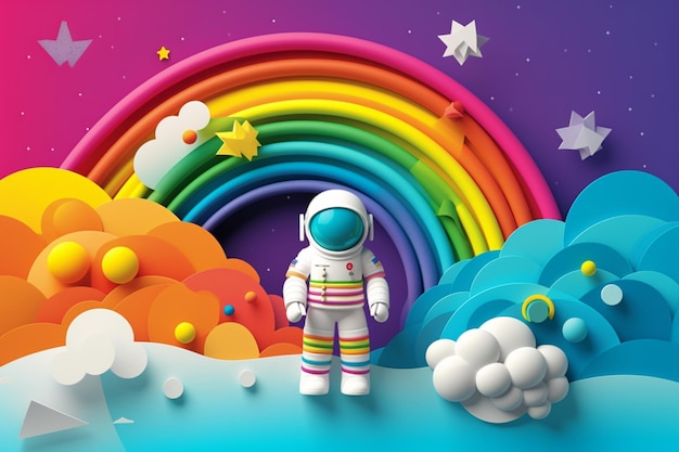 Ein Astronaut steht vor einem Regenbogen und Regenbogen.