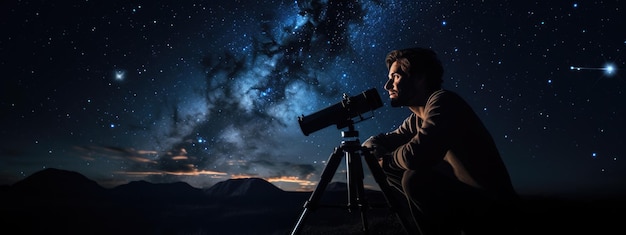 Foto ein astronomischer mann betrachtet den nachthimmel durch ein teleskop