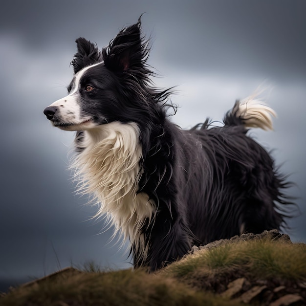 Ein atemberaubend hyperrealistisches Bild eines Border Collies auf einem windgepeitschten Hügel, dessen Fell und Ohren fliegen