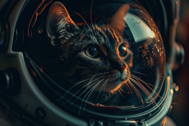 Ein atemberaubend lebensechtes Porträt einer Katze mit einem Astronautenhelm vor einem dramatischen Hintergrund
