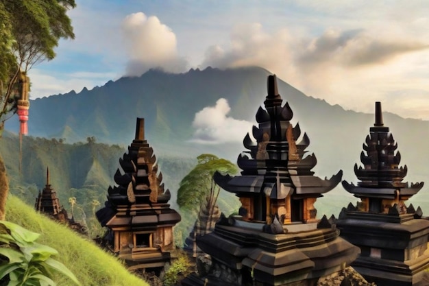 Ein atemberaubender Blick auf die indonesischen Tempel mit ihren komplizierten Schnitzereien und bunten Dekorationen