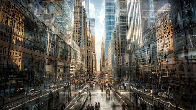 Ein atemberaubender Blick auf eine belebte Stadtstraße mit Wolkenkratzern, die sich in den Glasfenstern der Gebäude auf beiden Seiten spiegeln