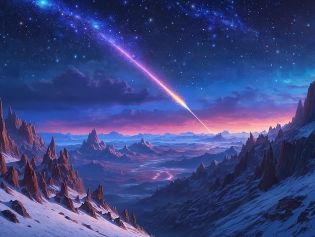 Ein atemberaubender Blick auf eine Bergkette in der Nacht mit einem Schießstern, der über den Himmel streift. Die Berge werden vom Mondlicht beleuchtet und schaffen eine atemberaubende Szene.