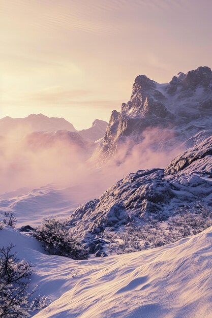 Ein atemberaubender Blick auf schneebedeckte Berge, die von der Morgensonne geküsst werden