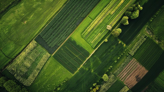 Ein atemberaubender Blick aus der Luft auf ein Patchwork grüner Felder mit einem einzigen Baum, der in der Mitte hoch steht