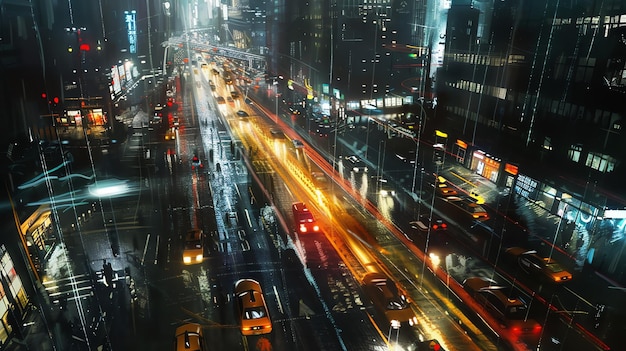 Ein atemberaubender Blick aus der Luft auf eine belebte Stadtstraße bei Nacht