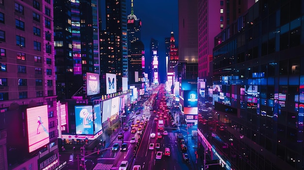 Ein atemberaubender Blick aus der Luft auf eine belebte Stadtstraße in der Nacht Die Stadt ist voller Wolkenkratzer und die Straßen sind voller Autos und Menschen