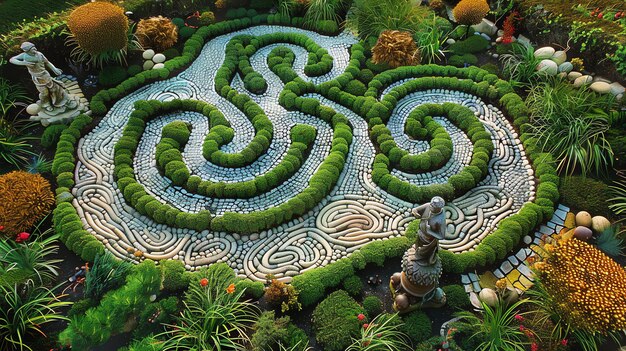 Foto ein atemberaubender blick aus der luft auf einen üppig grünen garten mit einem steinernen labyrinth