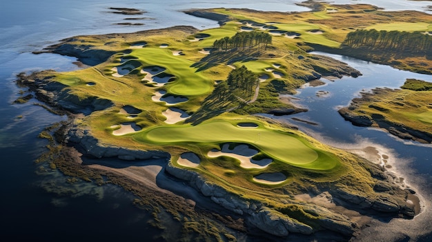 Ein atemberaubender Blick aus der Luft auf einen üppigen Golfplatz mitten im Ozean, der eine einzigartige