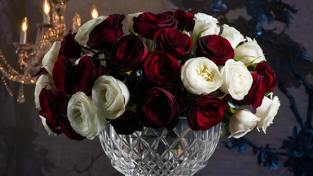 Ein atemberaubender Blumenstrauß aus dunkelroten und weißen Rosen steht in Glas