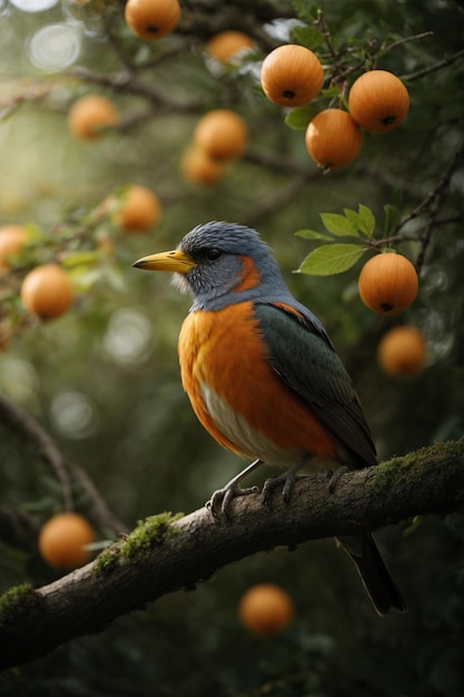 Ein atemberaubender farbenfroher Vogel sitzt auf einem Zweig mit Blättern und Blumen im natürlichen Hintergrund