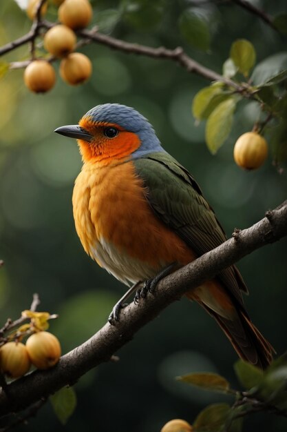 Ein atemberaubender farbenfroher Vogel sitzt auf einem Zweig mit Blättern und Blumen im natürlichen Hintergrund