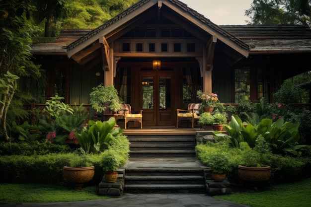 Ein atemberaubender Holzbungalow, umgeben von üppigem Grün