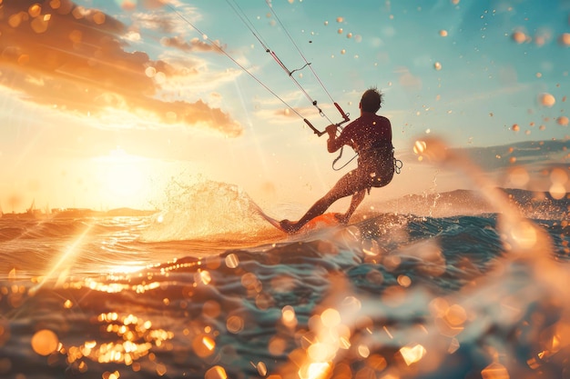 Ein atemberaubender junger Mann fängt Wellen, während er im Ozean Kitesurft macht