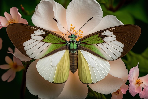 Ein atemberaubender Schmetterling in frontaler Perspektive auf einer kurz geschnittenen Blüte