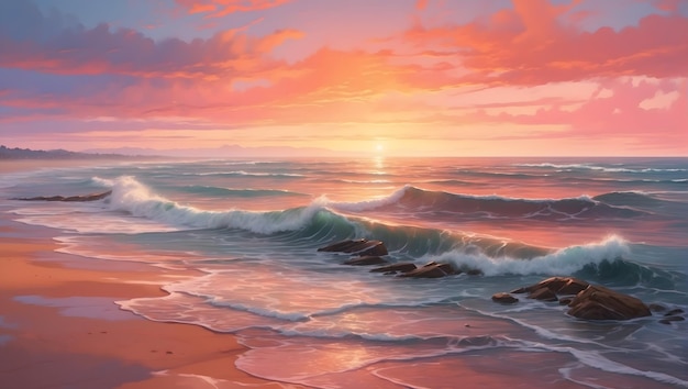 Ein atemberaubender Sonnenaufgang über einer ruhigen Küstenlandschaft mit lebendigen orange- und rosa Farbtönen erleuchtet