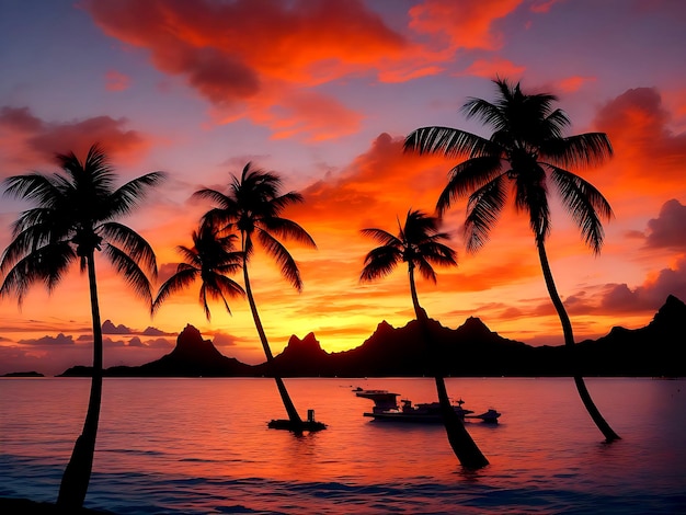 Ein atemberaubender Sonnenuntergang am Horizont von Bora Bora, Französisch-Polynesien