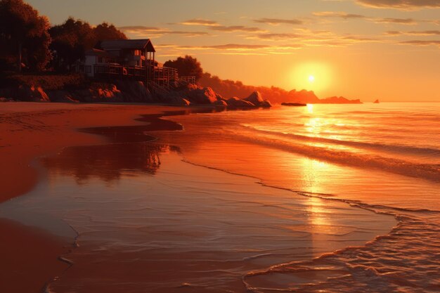 Ein atemberaubender Sonnenuntergang am Strand mit lebendigen Farben. Generative KI