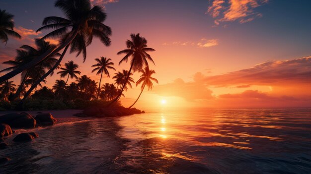 Ein atemberaubender Sonnenuntergang an einem tropischen Strand mit Palmen