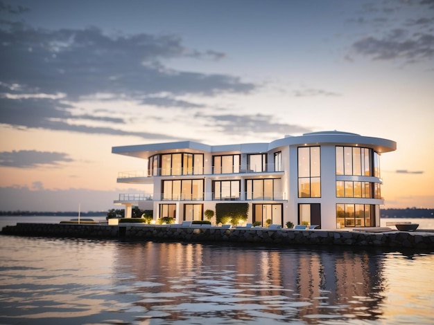 Ein atemberaubender Sonnenuntergang in einem luxuriösen modernen Haus am Ufer