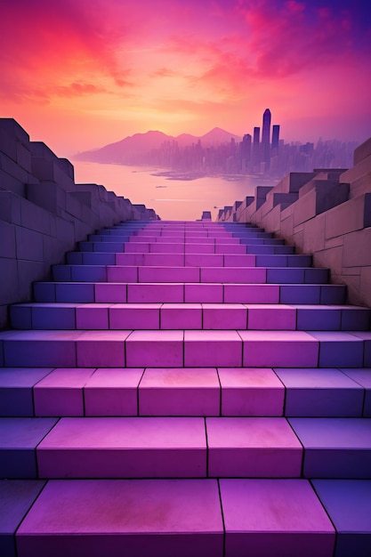 Ein atemberaubender Sonnenuntergang über der Stadt von der Spitze einer langen Treppe