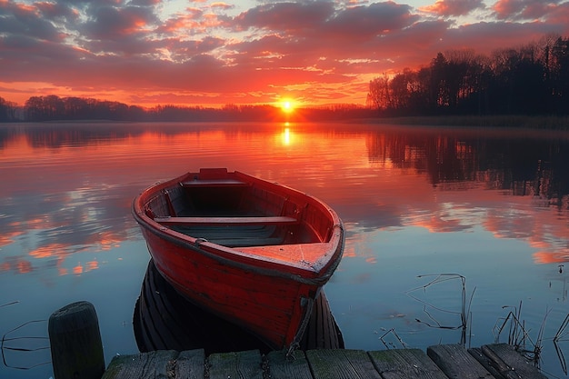 Ein atemberaubender Sonnenuntergang über einem ruhigen See, der warme Farbtöne über den Himmel wirft