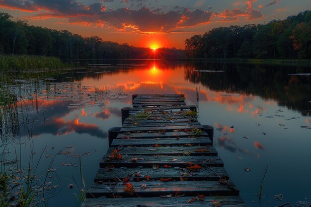 Ein atemberaubender Sonnenuntergang über einem ruhigen See, der warme Farbtöne über den Himmel wirft