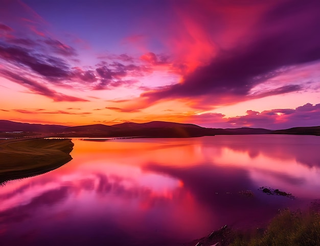 Ein atemberaubender Sonnenuntergang über einem ruhigen See, umgeben von sanften Hügeln