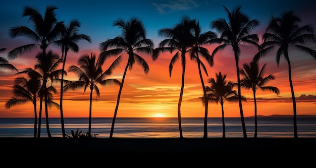 Ein atemberaubender Sonnenuntergang über einem tropischen Paradies mit Palmen und dem Meer im Hintergrund