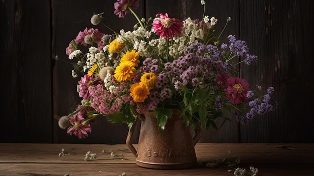 Ein atemberaubender Strauß Wildblumen in einer rustikalen Vase, von KI erstellt