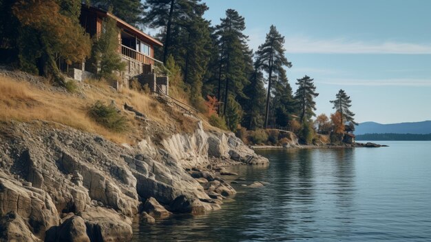 Ein atemberaubender Vray, der ein ruhiges Haus an einer felsigen Küste aufspürt