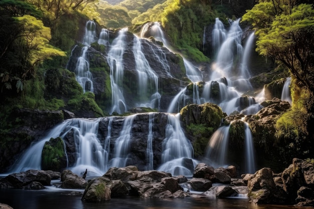 Ein atemberaubender Wasserfall, umgeben von grünem Laub in einem Wald