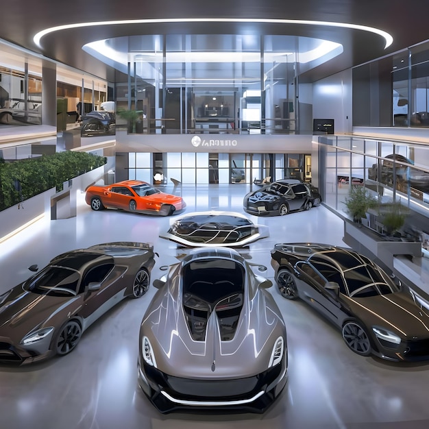 Ein atemberaubendes 3D-Rendering zeigt einen futuristischen Auto-Showroom mit elegantem und modernem Design