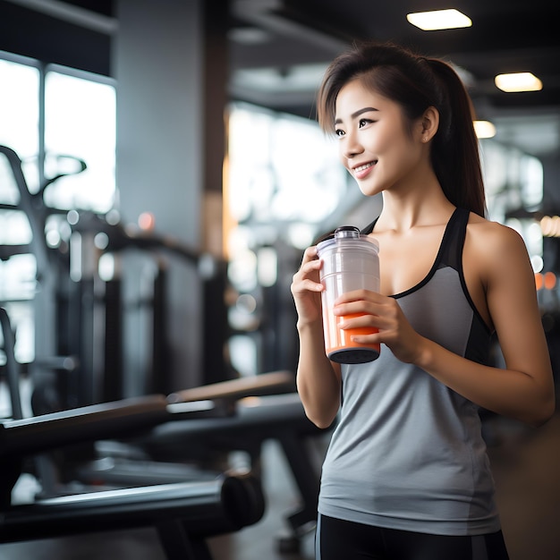 ein atemberaubendes asiatisches Mädchen im Fitnessstudio trinkt Whey-Protein