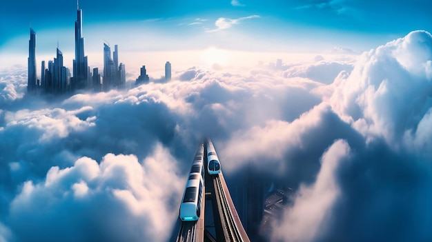 Ein atemberaubendes Bild einer futuristischen Stadt mit einer Hightech-U-Bahn, die über den Wolken schwebt und menschliche Innovation verkörpert