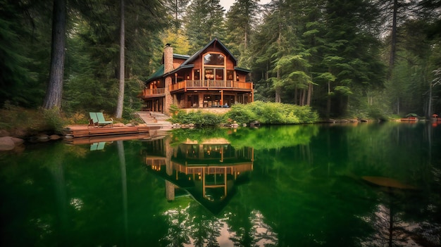 Ein atemberaubendes Bild einer luxuriösen Hütte am See, die einen idyllischen und exklusiven Rückzugsort für einen perfekten Sommerurlaub bietet