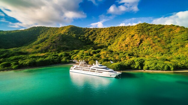 Ein atemberaubendes Bild einer luxuriösen Yacht, die zur goldenen Stunde in einer ruhigen türkisfarbenen Bucht, umgeben von üppigen Hügeln, vor Anker liegt