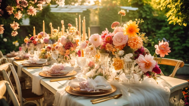 Ein atemberaubendes Bild eines gehobenen Sommerrestaurants im Freien, das eine exquisite Tischdekoration und eine bezaubernde Umgebung zeigt