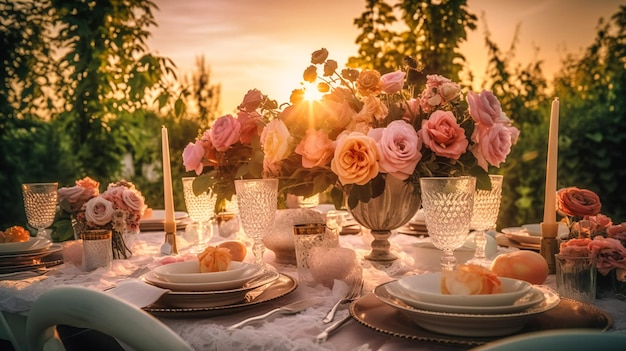 Ein atemberaubendes Bild eines gehobenen Sommerrestaurants im Freien, das eine exquisite Tischdekoration und eine bezaubernde Umgebung zeigt