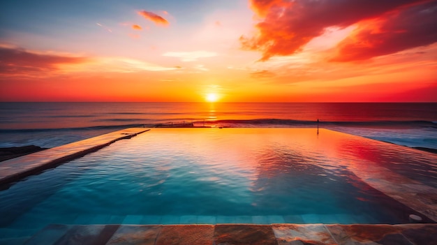 Ein atemberaubendes Bild eines Infinity-Pools mit einem atemberaubenden Blick auf den Sonnenuntergang über dem Ozean, der eine ruhige und opulente Umgebung zum Entspannen bietet