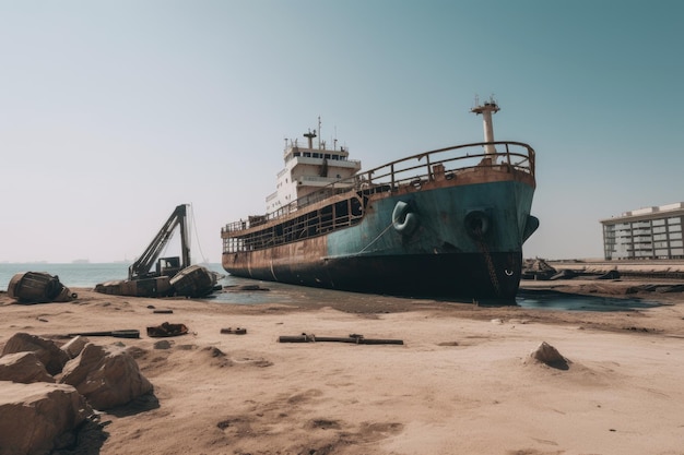 Ein atemberaubendes Bild eines Schiffes, das auf dem Sand liegt und verlassen ist