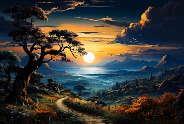 Ein atemberaubendes Bild eines Sonnenuntergangs mit einem malerischen Pfad, der zu einem majestätischen Baum führt