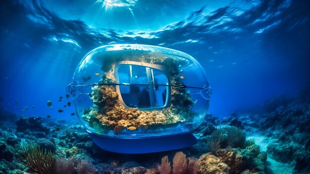 Ein atemberaubendes Bild eines Unterwasser-Ecopods, das innovatives Design mit einer immersiven Meeresumgebung für ein einzigartiges umweltfreundliches Erlebnis verbindet