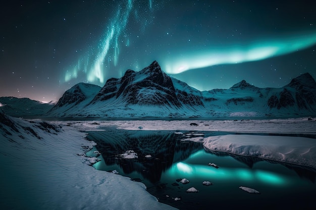 Ein atemberaubendes Bild von schneebedeckten Bergen, die von der arktischen Nacht beleuchtet werden