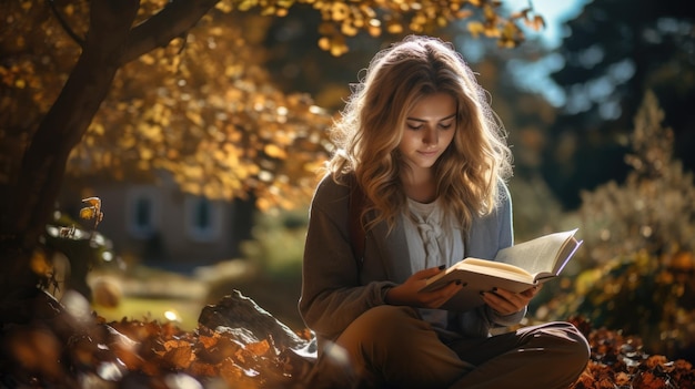 Ein atemberaubendes Foto einer Person, die in einem sonnenbeschienenen Park ein Buch liest