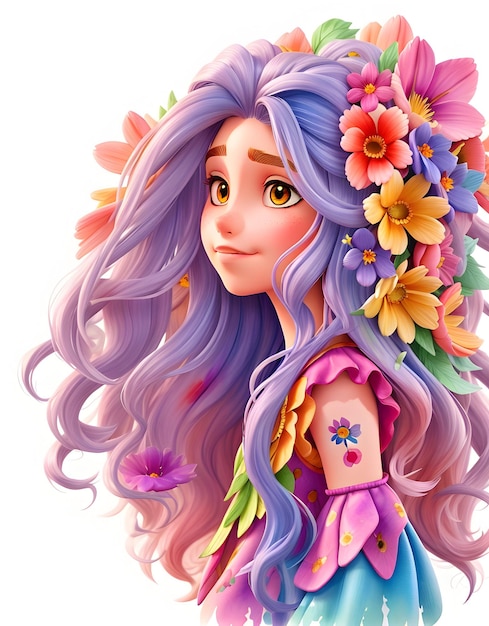 Ein atemberaubendes Mädchen mit wallenden Haarsträhnen und leuchtenden Blumen wurde von uns erzeugt