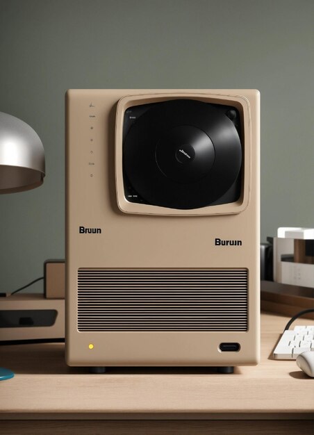 Ein atemberaubendes minimales beige PC-Gehäuse, entworfen von Dieter Rams BRAUN Product ad retro industrielles Design