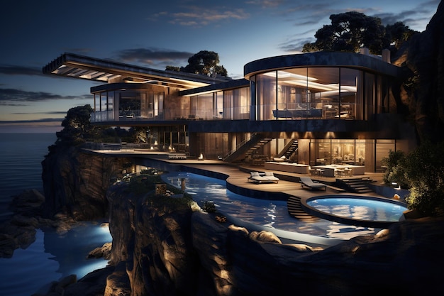 Ein atemberaubendes modernes Haus mit einem geräumigen Infinity-Pool direkt am Rande einer malerischen Klippe mit atemberaubendem Blick auf die umliegende Landschaft